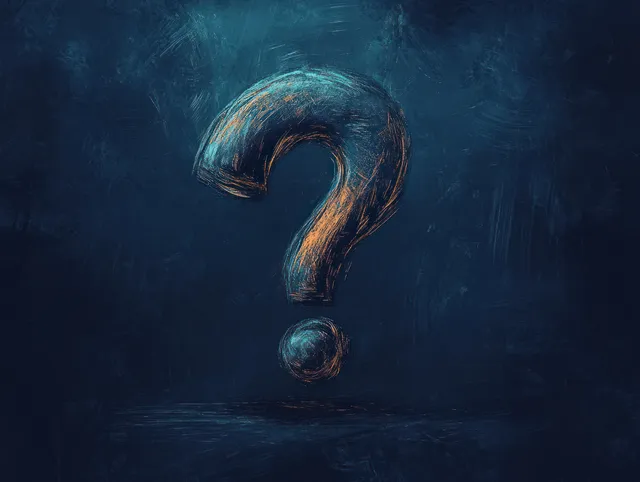 Glowing textured question mark hovering over dark shadowy backdrop in blue and orange