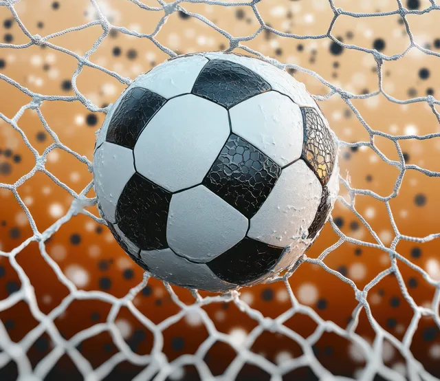 A soccer ball bursts through a goal net, with the white mesh strands stretching around it.