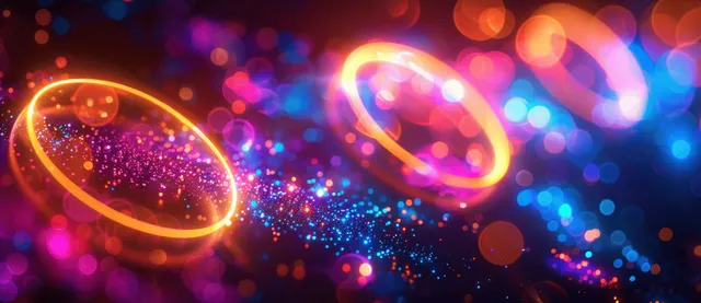 Neon glowing rings in purple and pink blur over abstract sports game background