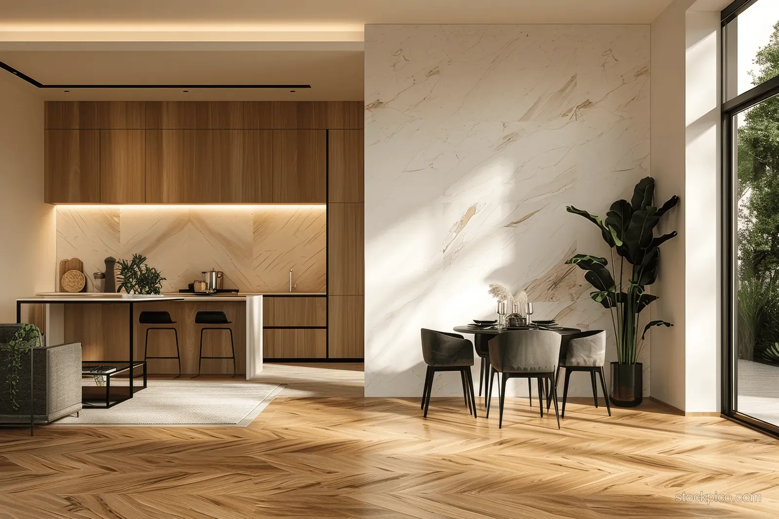 Sunlit minimalist kitchen and dining area with wood cabinetry, marble backsplash, and herringbone floor.