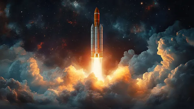 A rocket launches upward, surrounded by glowing clouds and bright flame exhaust under starry night skies.