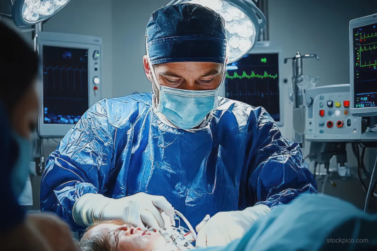 Masked surgeon in protective gown performs surgery while operating room monitors show vital signs.