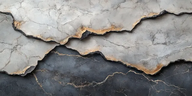 Gray marble slab background with exaggerated veins, cracks, and deep chiaroscuro shadows
