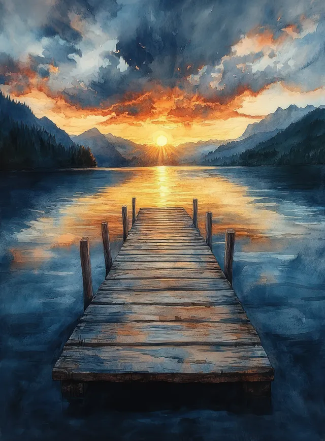 Watercolor wooden pier stretching into a sunset lake, fishing boat near rippling reflections