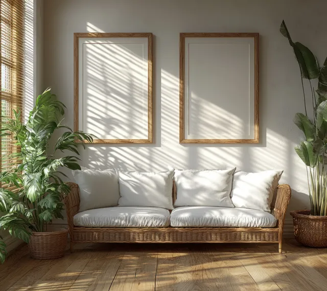 Minimalist wooden picture frames on a sunlit wall above a white sofa