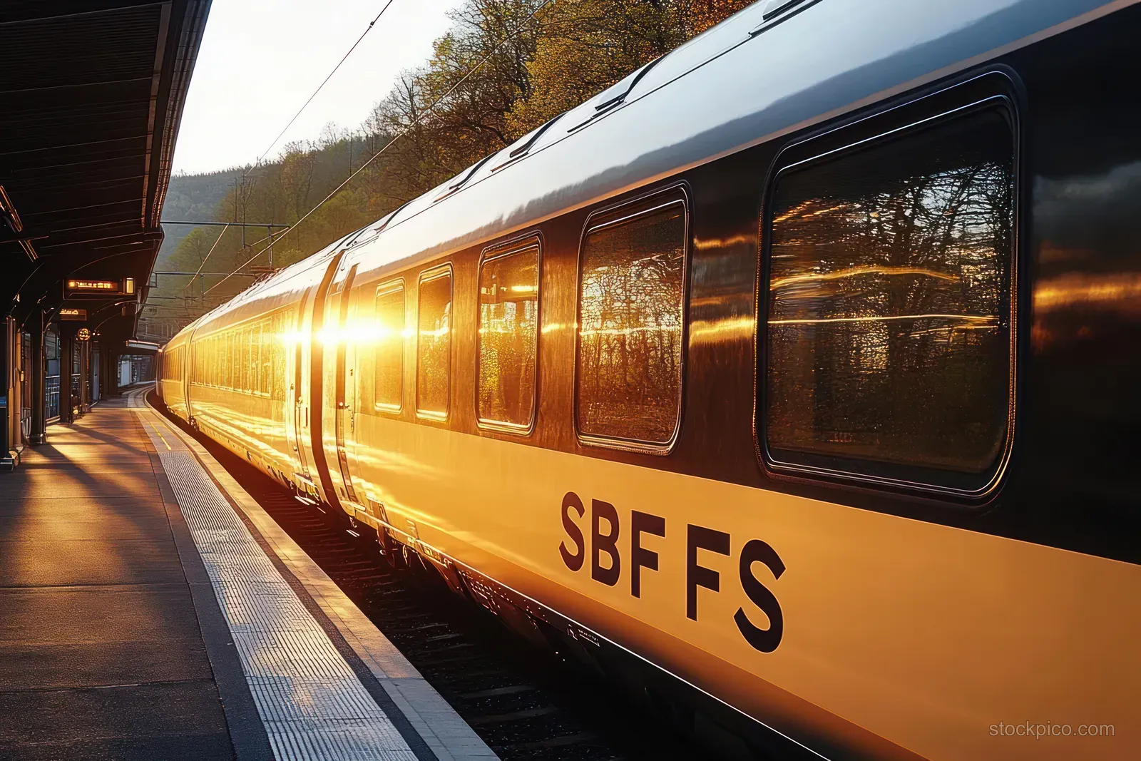 Golden sunset light reflects on a passenger train’s windows beside an empty station platform.