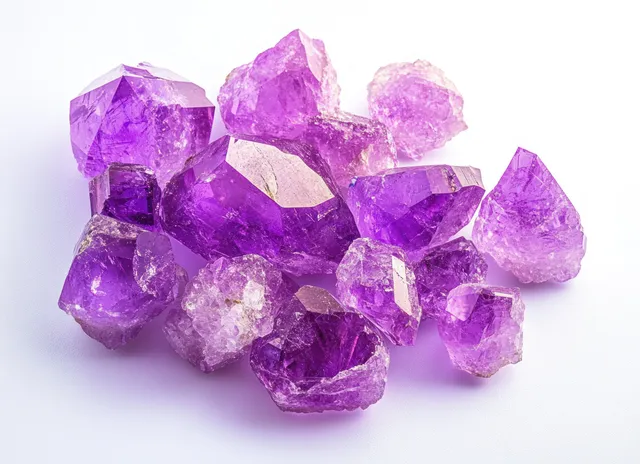Raw purple amethyst crystal cluster with varied shapes and sharp facets on a white background.