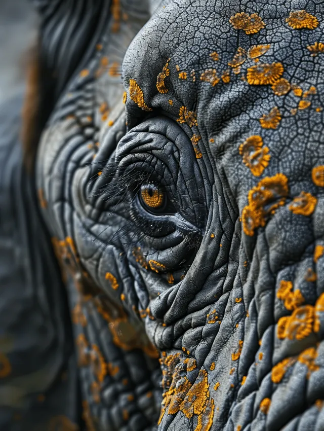 Close-up of an elephant face, highlighting its eye, wrinkled skin texture, and yellowish lichen patches.