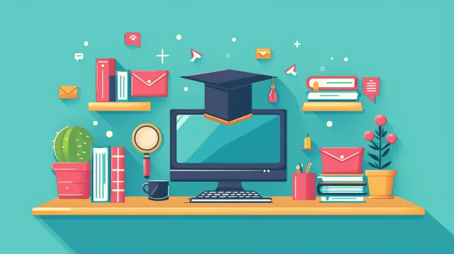 Laptop on a desk surrounded by graduation cap, books, and floating learning icons on a teal background.