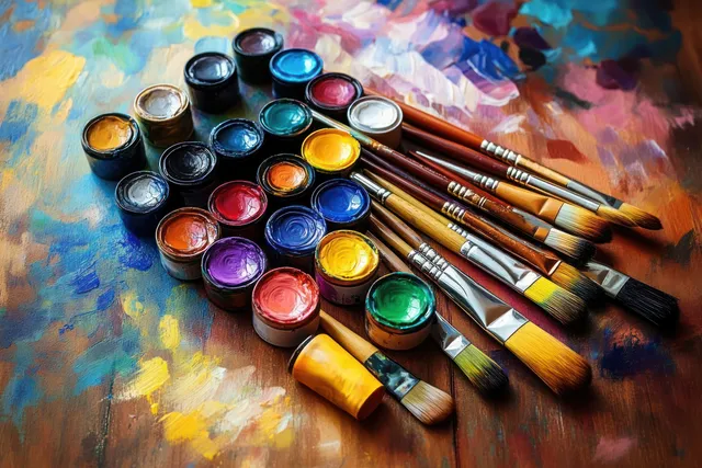 Paint tubes, colorful paint pots, and brushes arranged on a textured palette with natural light highlights.