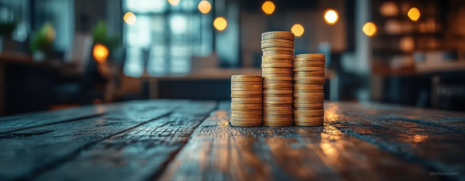 Stacked coins sit on a wooden table with a blurred office background of warm lights behind them.