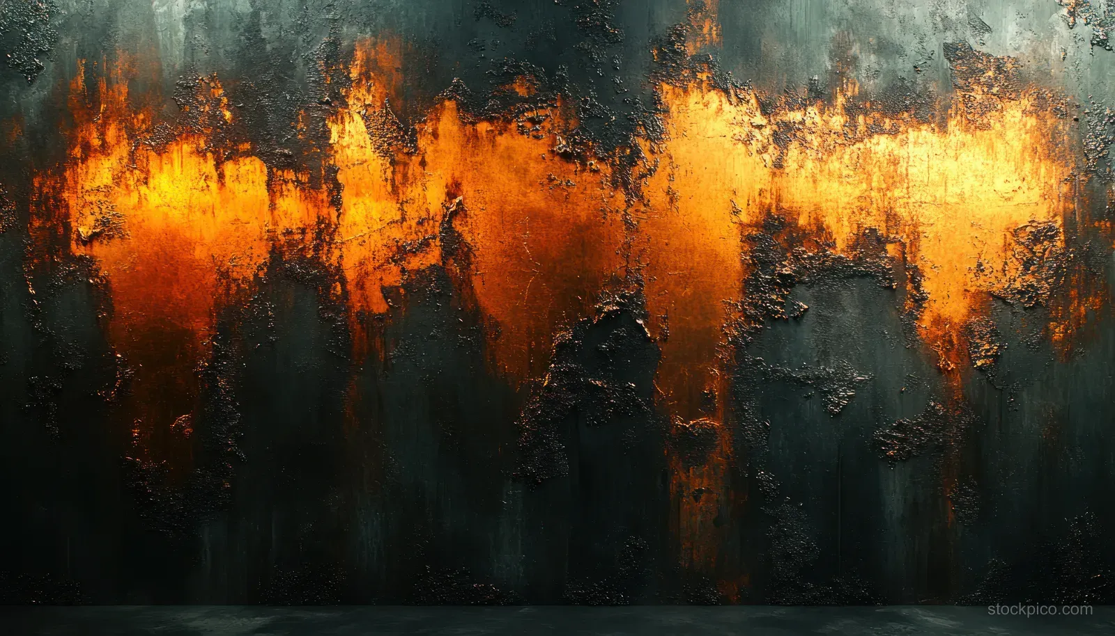 Burnt metallic wall texture with soot streaks, scratch marks, and an orange fire-like glow near the top.