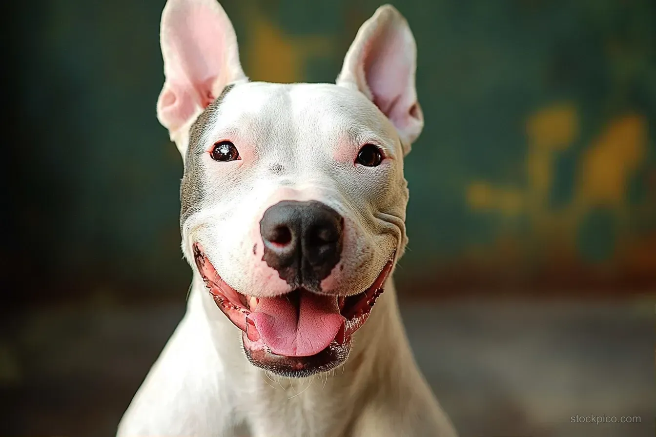 A happy white dog pants with tongue out and perked ears in a close-up portrait facing the camera.