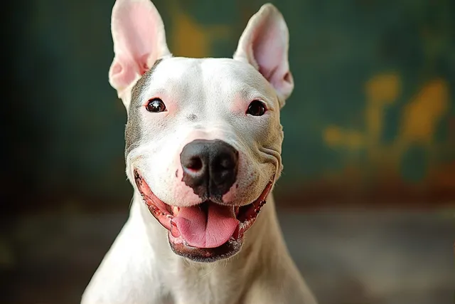 Close-up of a smiling white dog with tongue out and perked ears facing camera