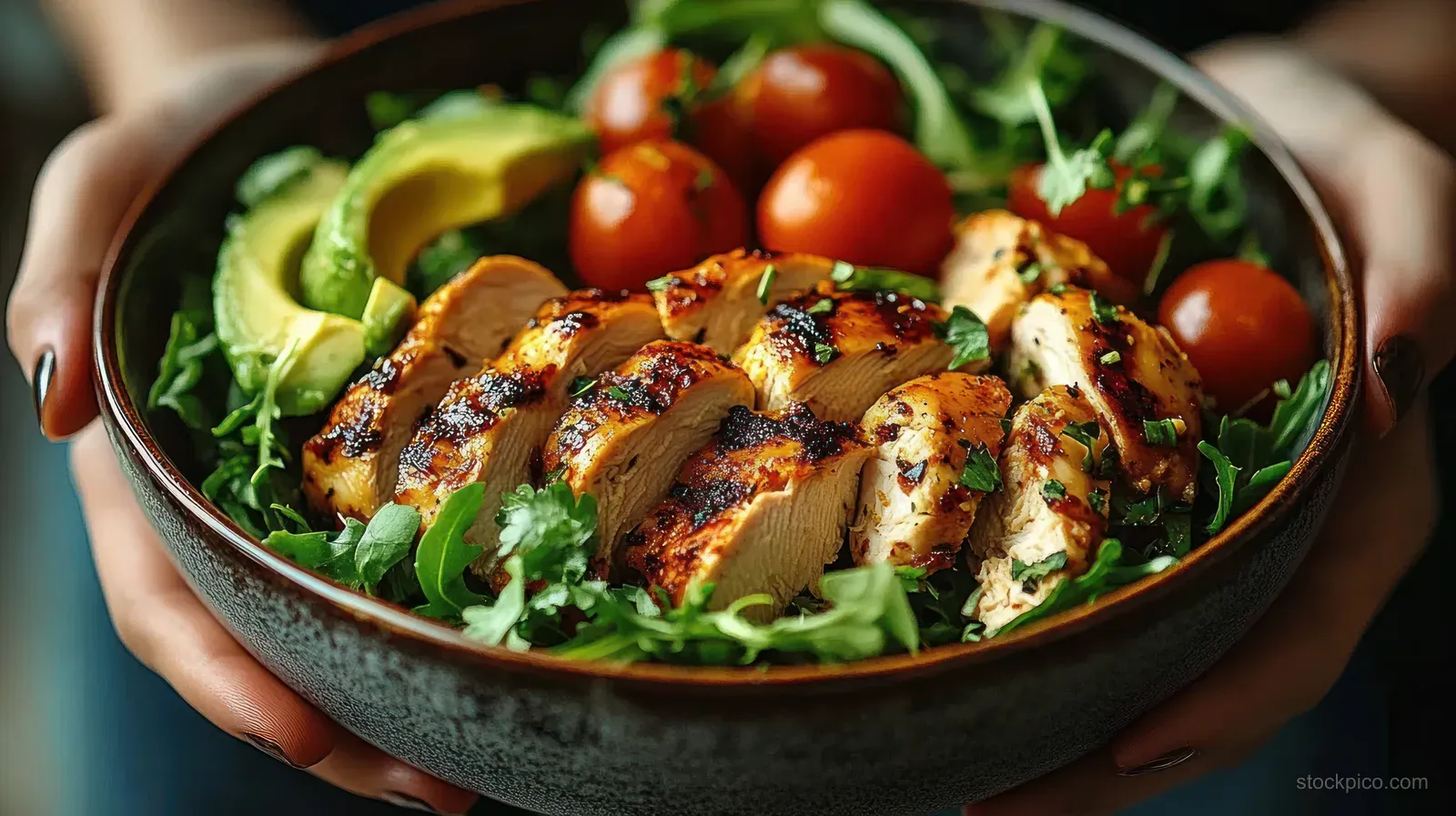Hands holding a bowl of grilled chicken salad with cherry tomatoes, avocado slices, and leafy greens.