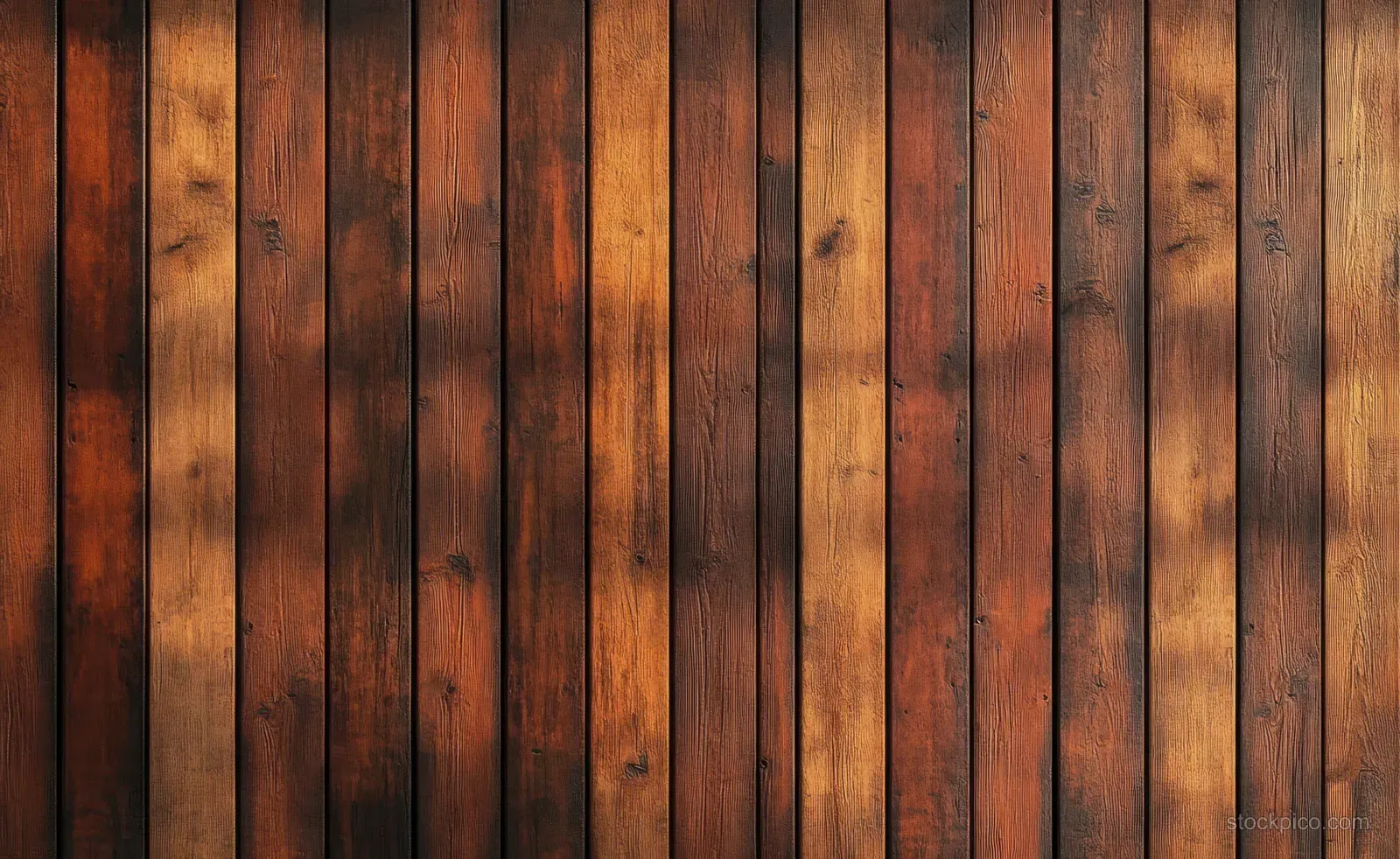 Vertical rustic wooden wall planks illuminated by warm ambient light with even symmetrical shadows.
