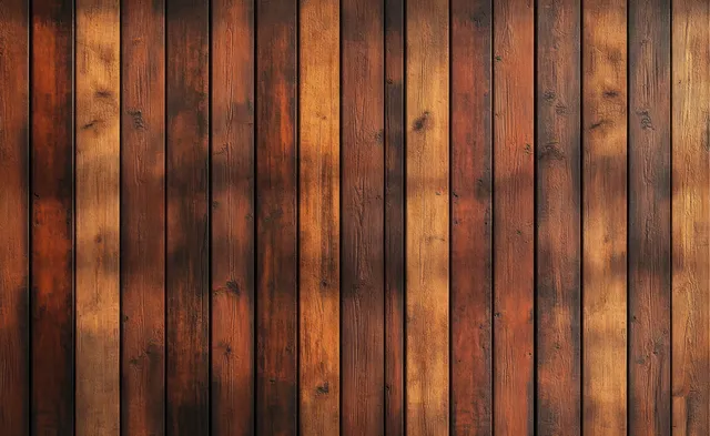Vertical rustic wooden wall planks illuminated by warm ambient light with even symmetrical shadows.