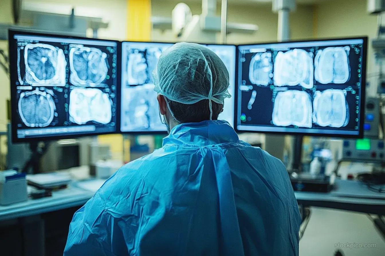 A doctor in protective gown reviews brain scan images on multiple computer monitor screens in a clinical room.