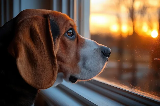 Tricolor beagle resting by a window, gazing outside in warm golden sunset light.