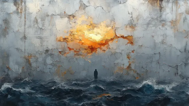 Silhouette stands in stormy dark water under a cracked wall with fiery glowing breach