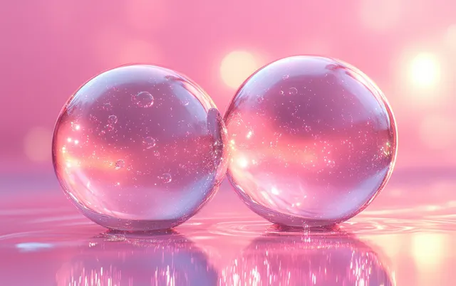 Two pastel pink transparent bubbles floating above a glossy reflective surface
