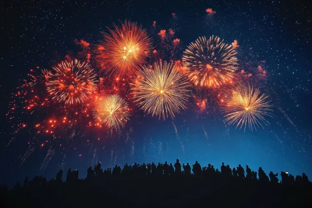 Silhouetted people watch orange and gold fireworks bursting above a starry night sky.