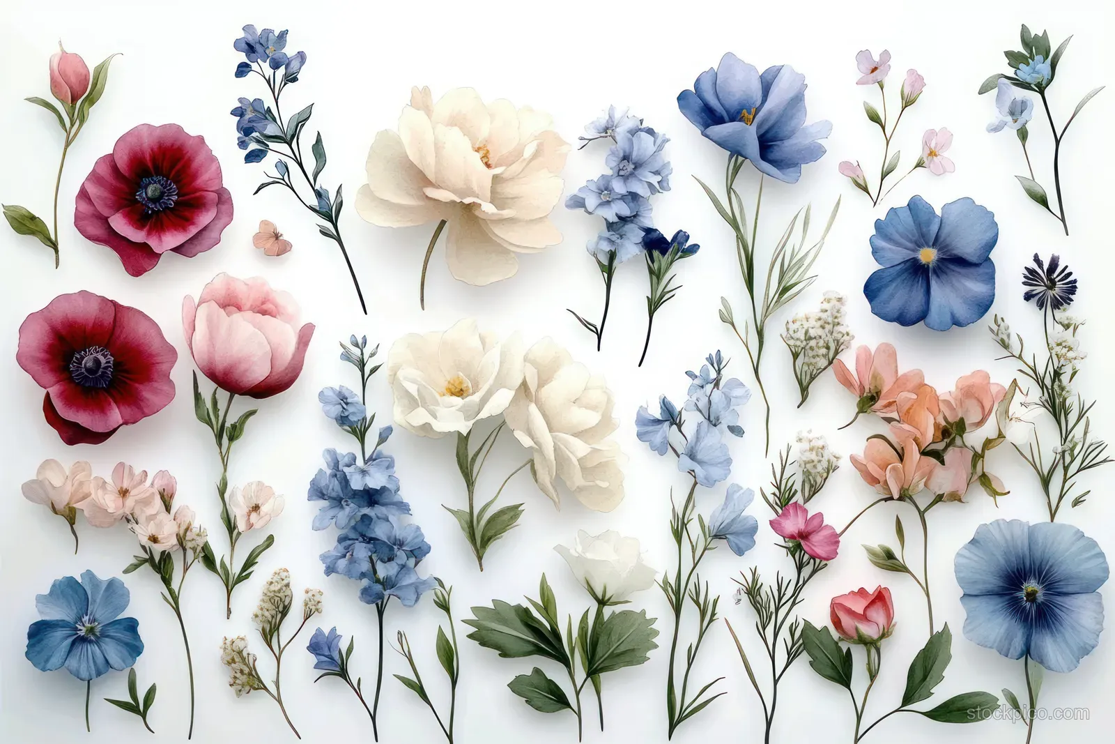 Pastel watercolor wildflowers and leaves arranged on a white greeting card background.