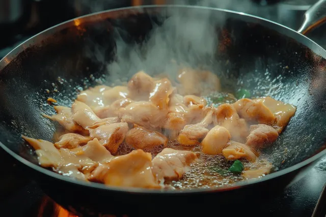 Beef tripe stewing in a wok with steam rising and bubbling oil around browned pieces.