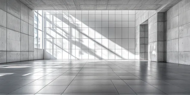 White tiled architectural corridor with diagonal rectangular shadows and clean grid tiles