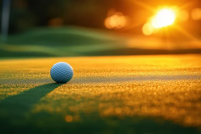 Close-up golf ball resting on putting green at sunset with glowing golden sun flare
