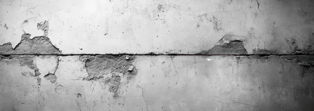 Close-up of a cracked concrete wall with peeling paint and flaking chips on a rough weathered surface.