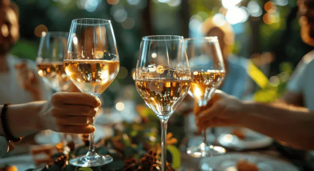 Friends clinking wine glasses at a summer backyard dinner, golden bokeh lights nearby