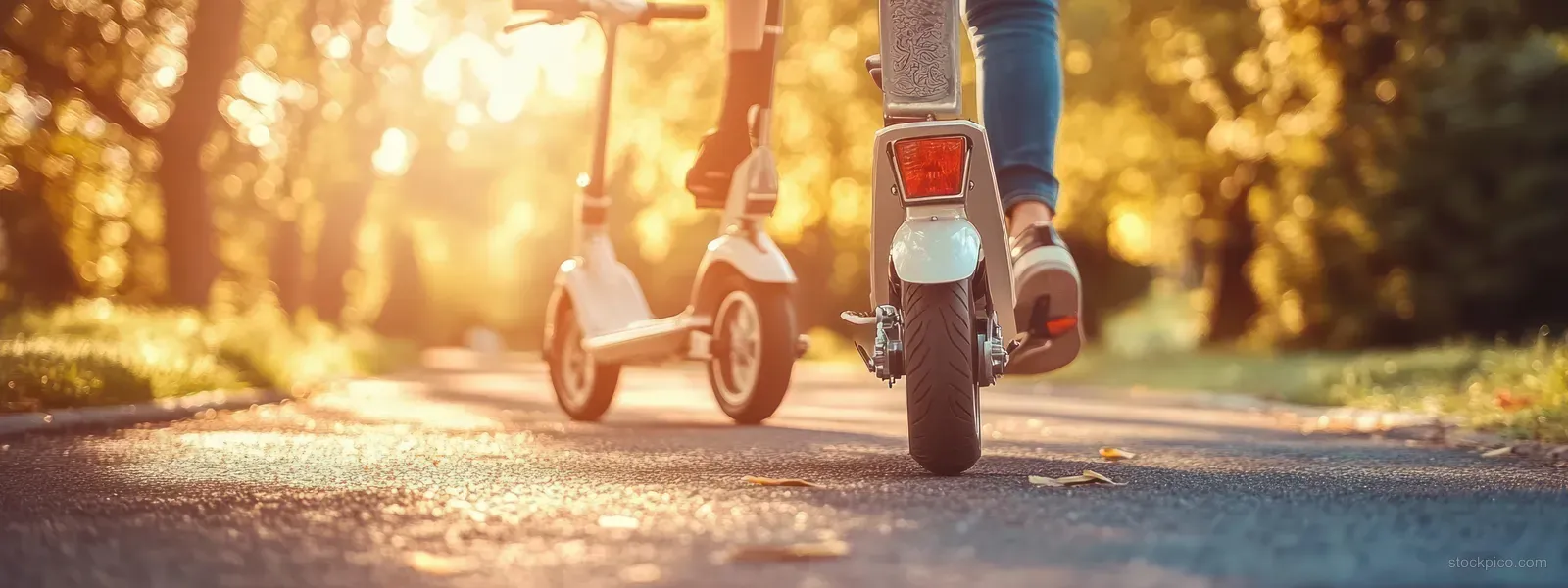 Boys ride scooters down a sunlit park asphalt road with golden evening light and blurred background bokeh.