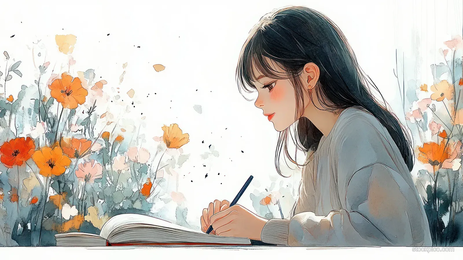 A girl writes in a notebook at a desk beside pastel flowers under soft natural sunlight.