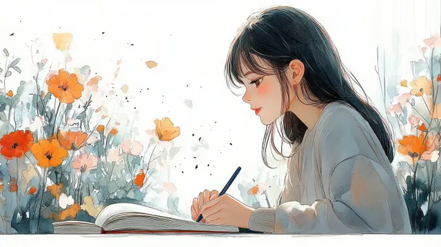 Girl writing in a notebook at a desk, pastel flowers and soft sunlight nearby