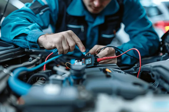 Mechanic testing a car battery with multimeter probes in an open engine bay.