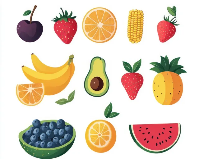 Illustrated cherries, strawberries, blueberries, bananas, citrus slices, avocado, corn, pineapple, and watermelon on a white background.