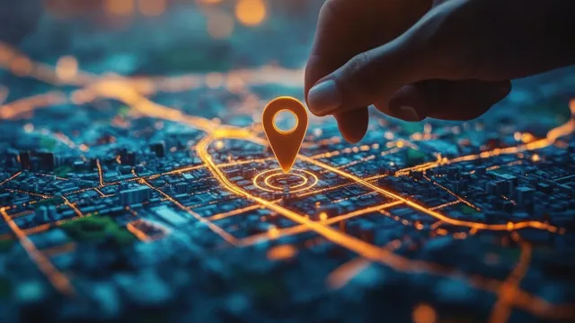 A hand places a glowing GPS pin on a digital map with highlighted roads and a route line.