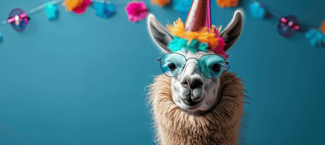 Funny alpaca wearing party hat and sunglasses with confetti on blue backdrop