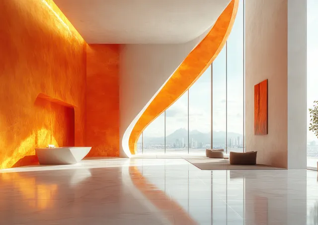 Warm orange office walls frame a minimal desk area with white flooring and tall windows with daylight.