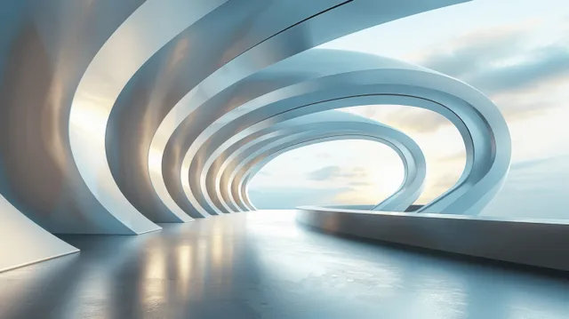 Empty concrete floor stretches into a futuristic tunnel with glowing concentric curved rings toward the horizon.