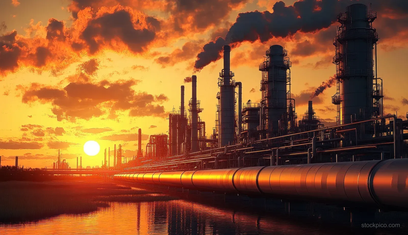 Sunset refinery with glowing pipelines, smokestacks, and steel tank structures reflected in calm water.