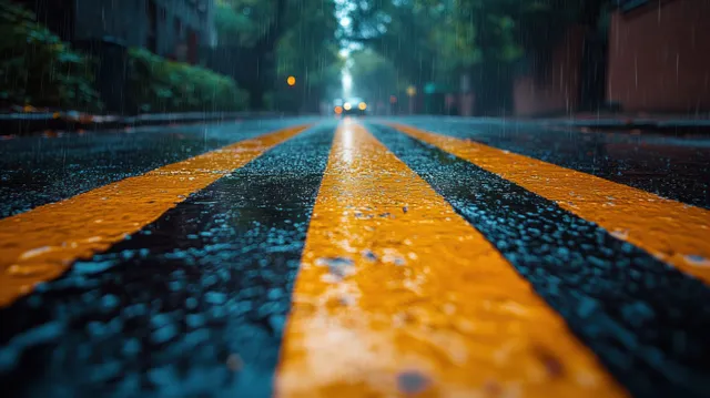 Yellow and black caution tape blocks a wet road at night with rain reflections in the background.