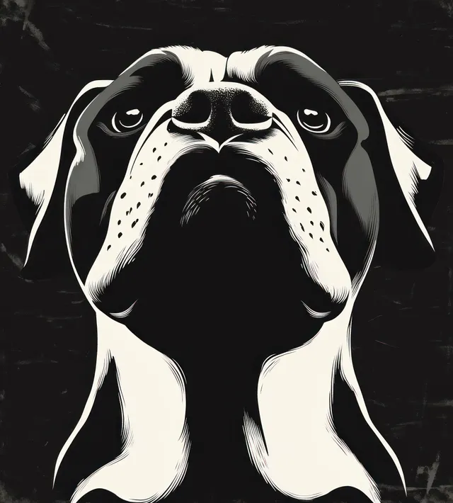 Black and white digital illustration of a large dog’s face viewed from below with a serious, alert expression.