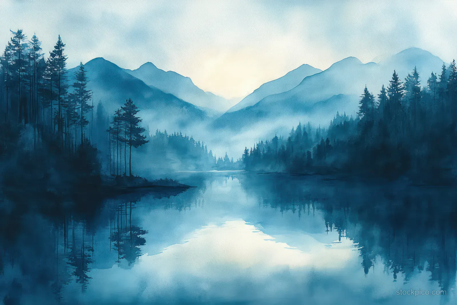 Watercolor landscape shows a misty mountain lake reflecting blue hills and pine trees beneath soft clouds.