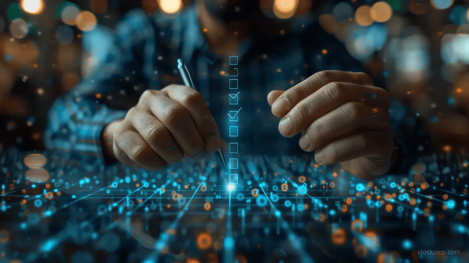 Businessman holding a smartphone with a virtual checklist while glowing performance data surrounds his hands.