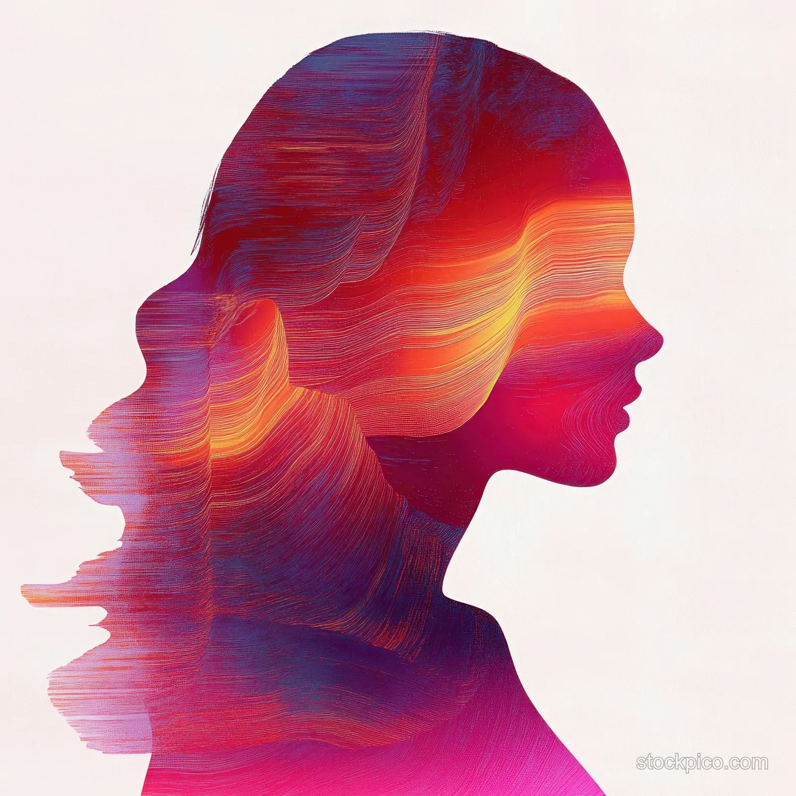 Abstract double woman profile silhouette rendered with flowing warm colored textured lines against a light background.