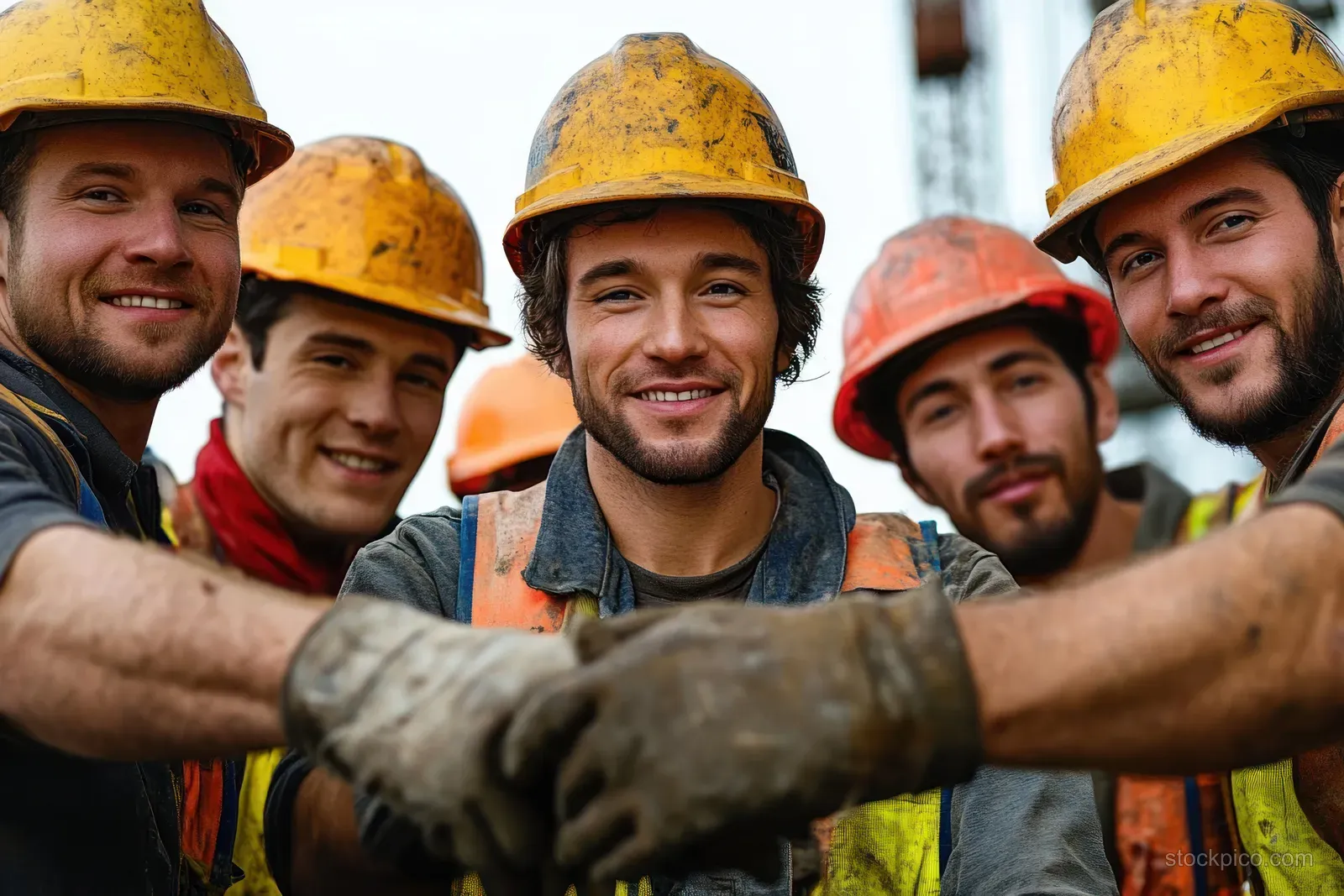 Five construction workers in hard hats and safety gloves smile while fist bumping together outdoors.