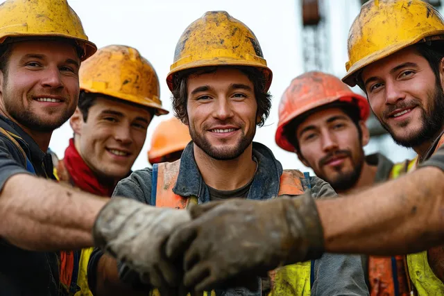 Five construction workers in hard hats and safety gloves smile while fist bumping together outdoors.