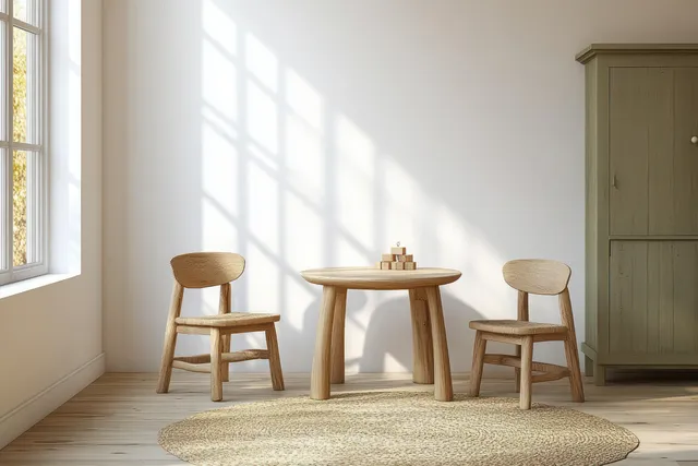 Sunlit minimalist playroom corner with a wooden table, three stools, textured rug, and window light shadows.